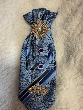 Blue Paisley Silk Tie Necklace with Gold & Pearl Brooches